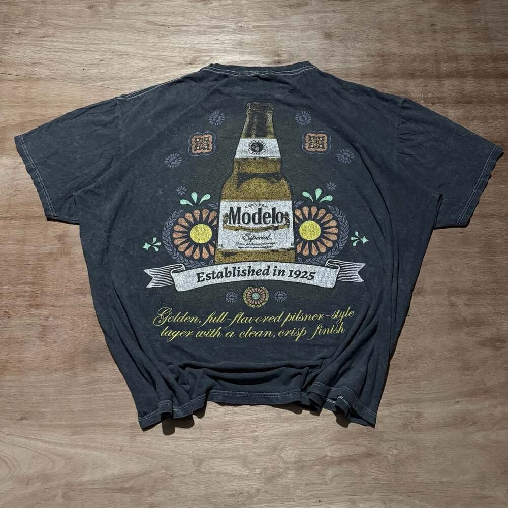 Modelo Cerveza Beer Graphic T Shirt XL Faded Black Distressed Back Print